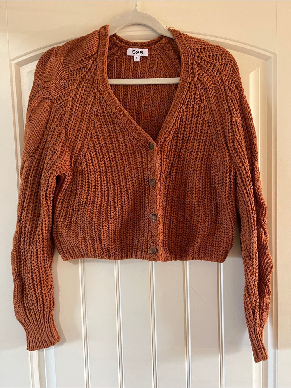 525 America Chunky Knit Cropped Cardigan in Rust